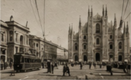 Vintage photograph of Piazza del Duomo in Milan with cathedral and tram