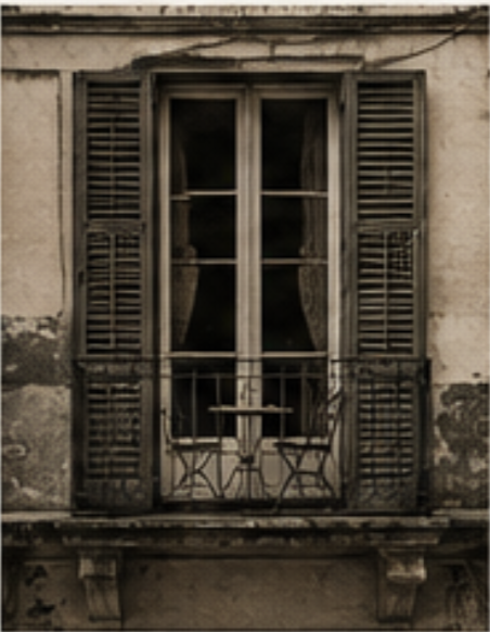 Sepia photograph of a classic Italian window with wooden shutters and a small balcony