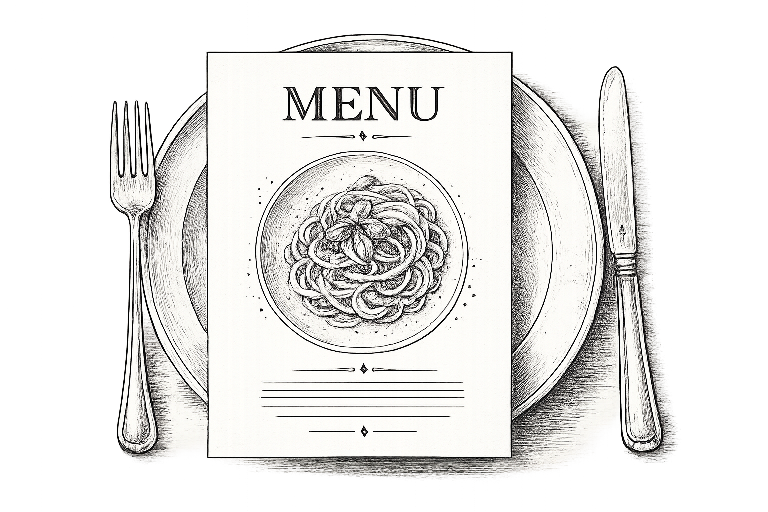 Hand-drawn illustration of a dinner plate with menu card, fork and knife