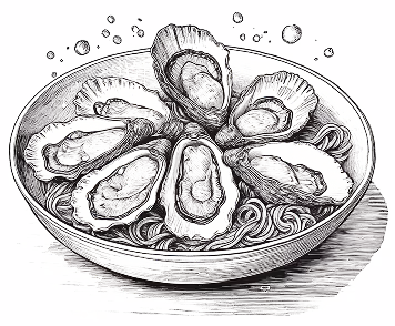Hand-drawn illustration of oysters on the half shell